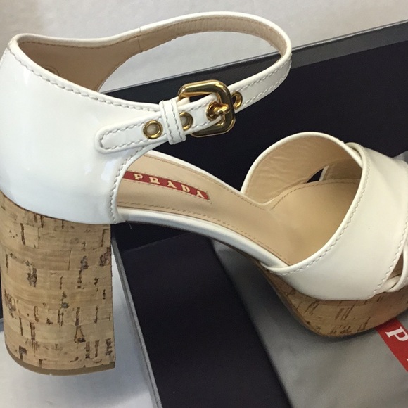 PRADA White Patent Block Heel Sandal Gold Hardware - Picture 12 of 13